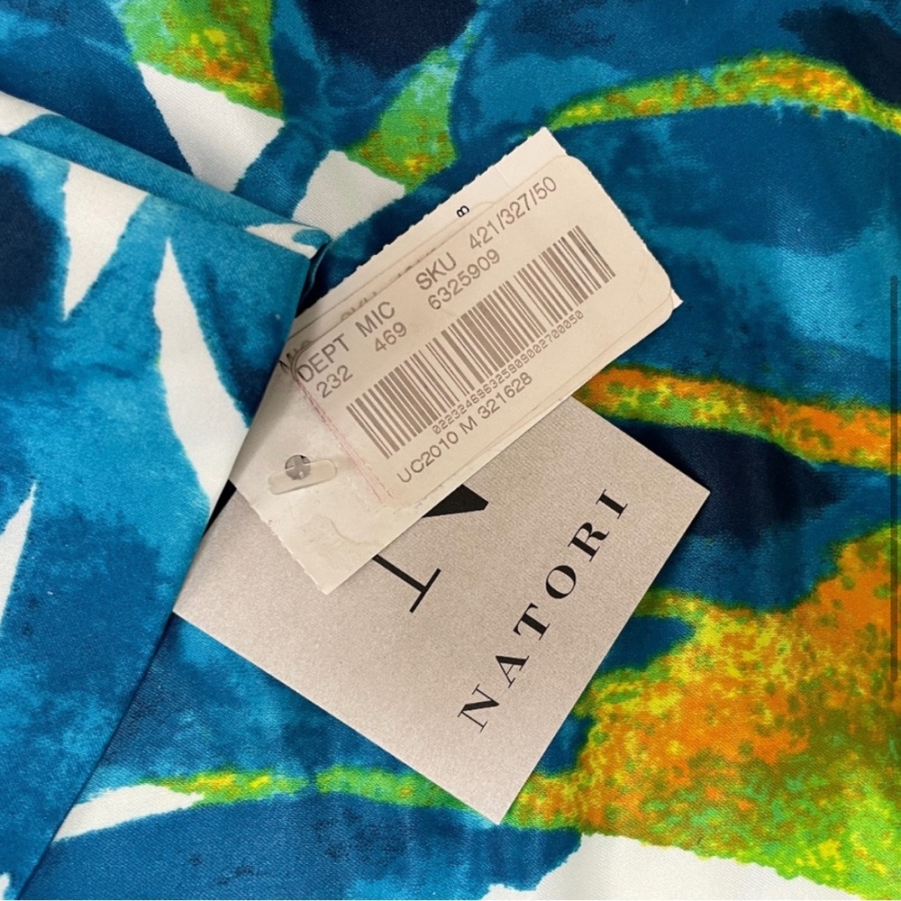 NWT NATORI V-NECK SHORT CAFTAN WITH SIDE POCKETS IN COLORFUL TROPICAL LEAF PRINT - Picture 5 of 6